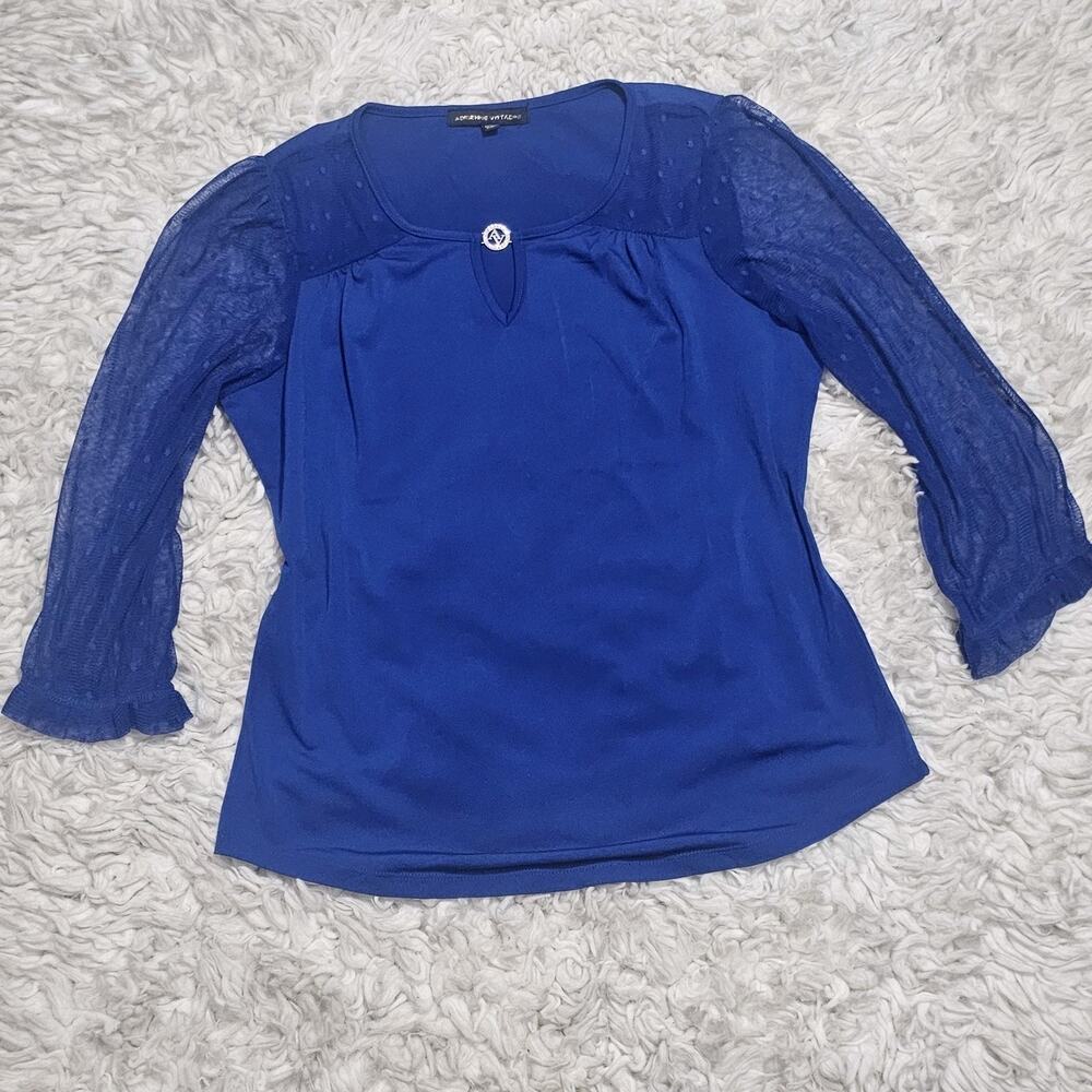 Adrienne Vittadini Womens Royal Blue 3/4 Sleeve Blouse With Key Hole Emblem...